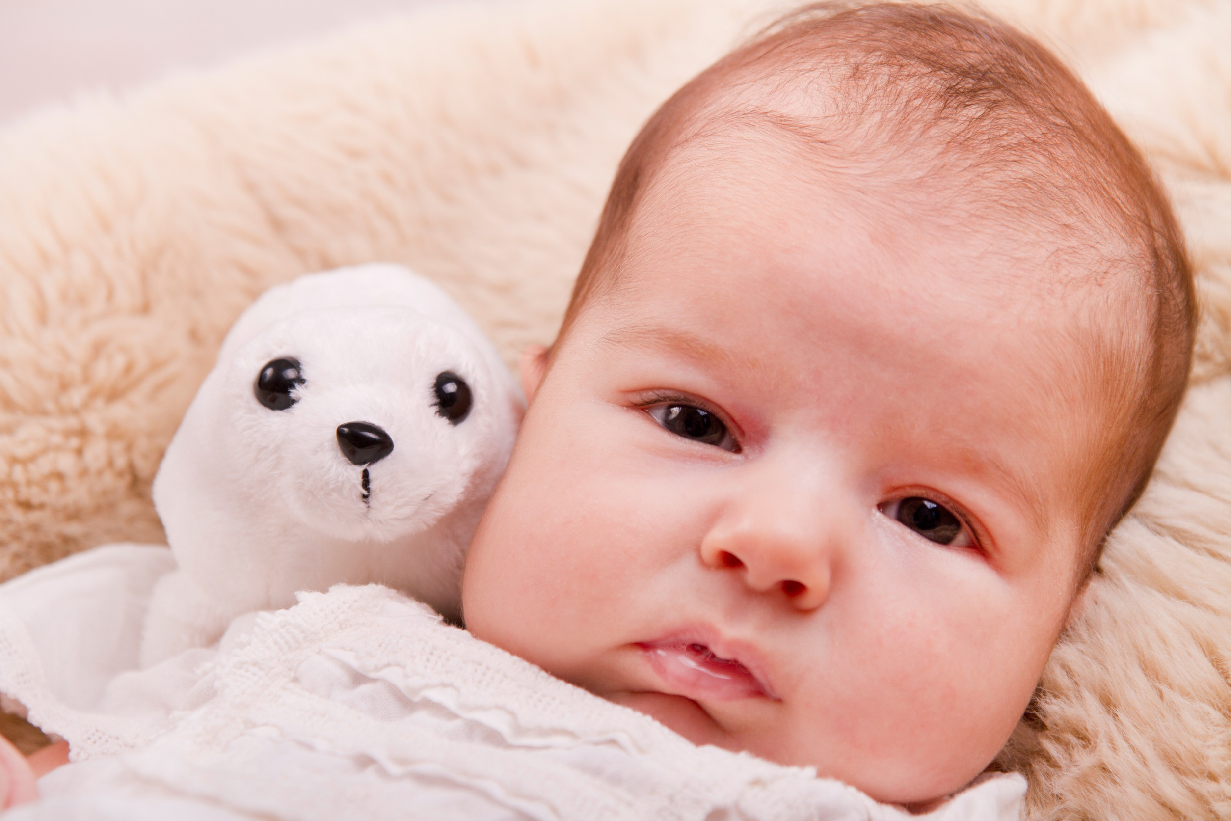 View of a newborn baby on a smooth bed with toy