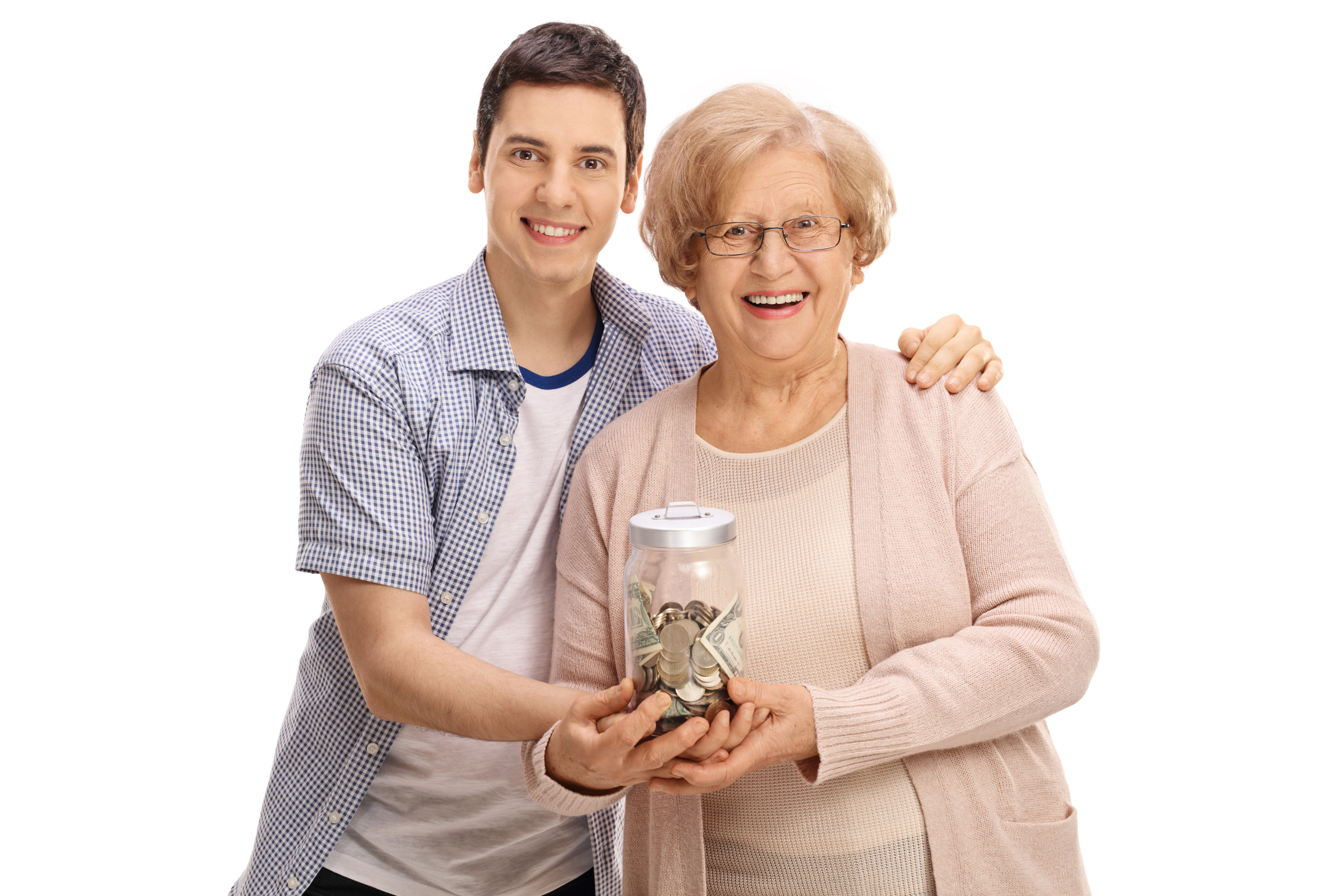 Young man and a mature woman holding a jar with money isolated on white background