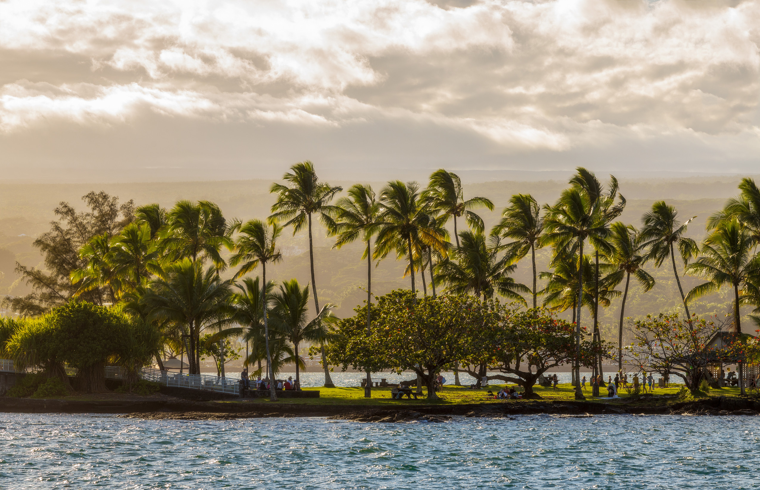 Beautiful Liliuokalani Park and Gardens in Hilo, Hawaii, on a rainy sunset