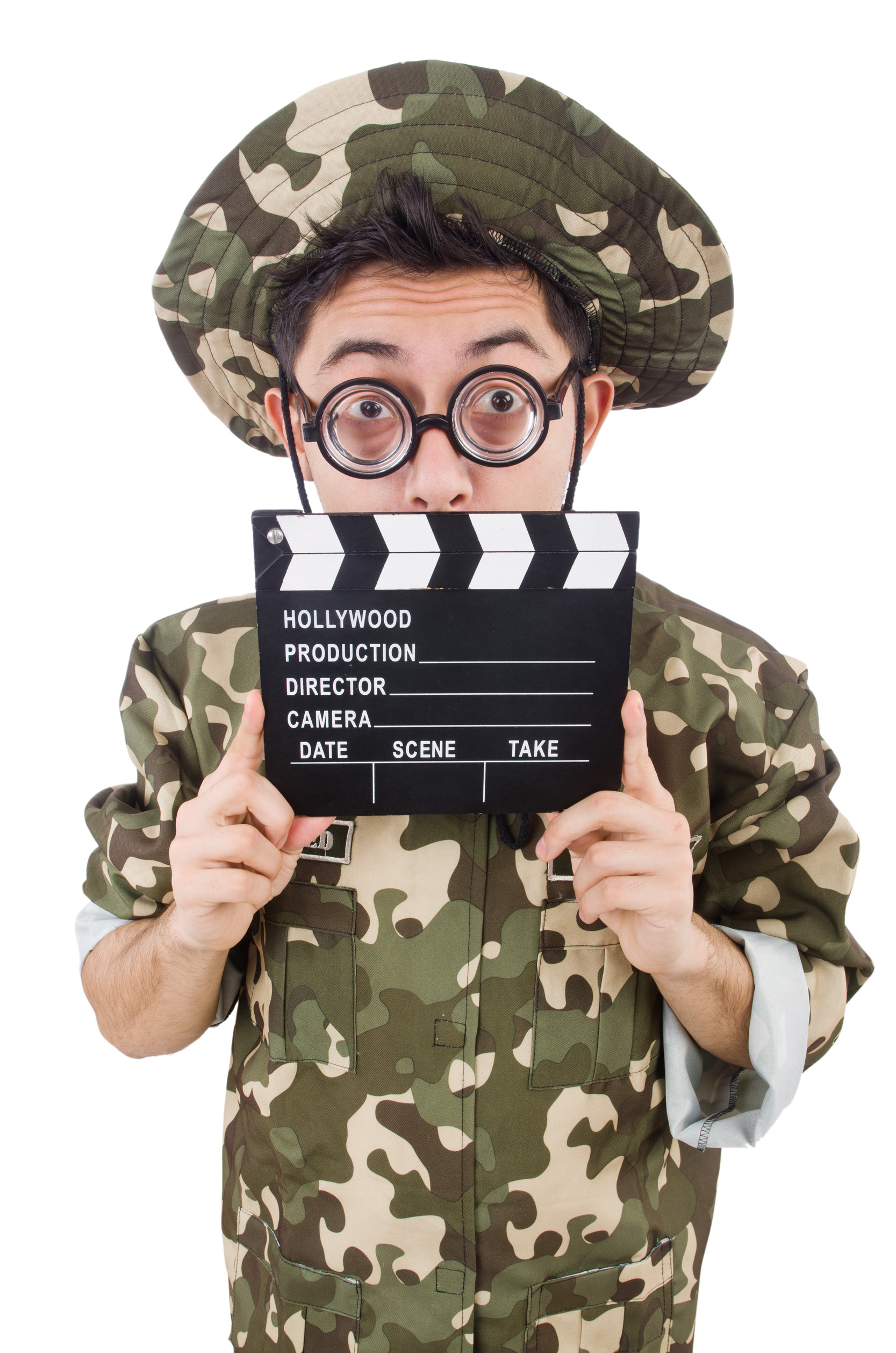 Funny soldier with movie board isolated on the white